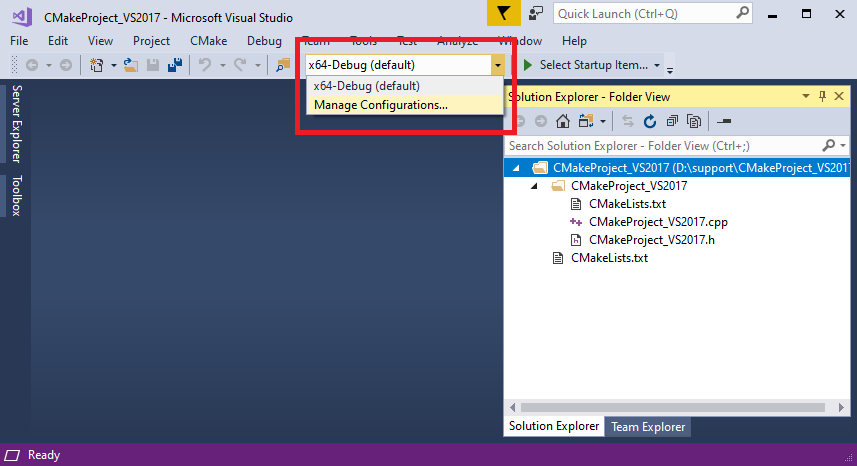 Selecting manage config dropdown in VS2017