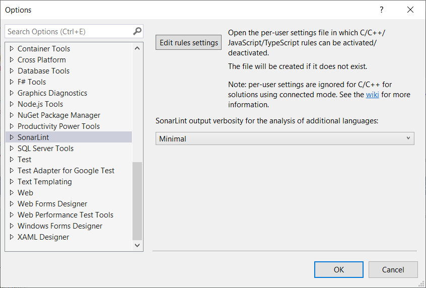 Edit rules settings button on the SonarLint Tools Option page.